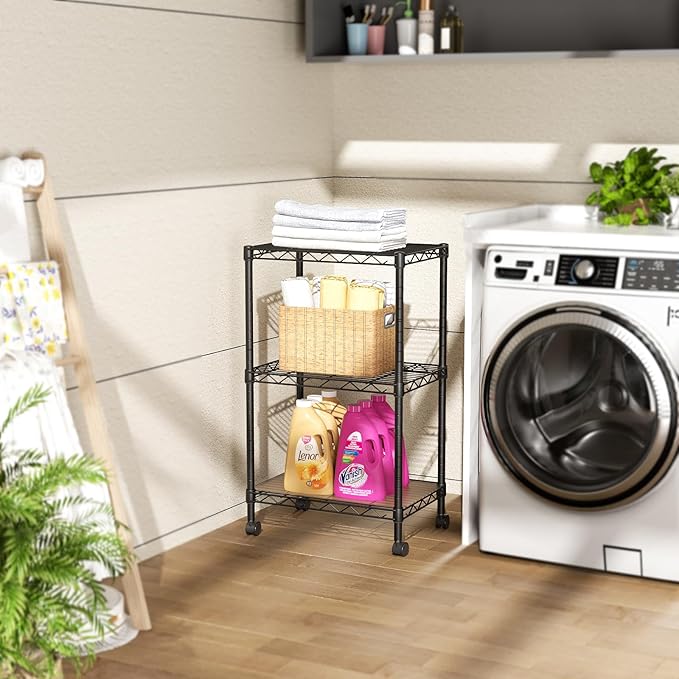 SINGAYE 3 Small Shelves Storage Shelf Wire Shelving Unit Metal Shelf Adjustable Organizers Storage Shelving with Wheels for Bathroom Laundry Room Kitchen Pantry11.5”D x 17.5”W x 30.5”H Black - Image 8