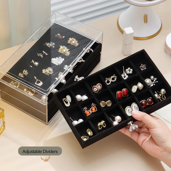 SPAKOWN Earring Box Holder Organizer Case, Clear Velvet Jewelry Storage Tray Organizer for Earring Ring Stud (Black - 3 Drawers) - Image 2