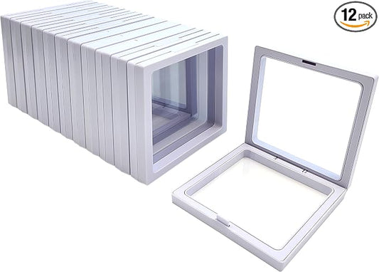 12PCS 3D Floating Frame Display Stand, Jewelry Box, Gift Box, Ornament Organizer, Small Travel Jewelry Box, PE Film Anti-Oxidation, Suspended Display Box Stackable (White, 4.33 * 4.33) by Unknown