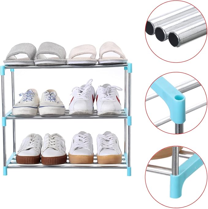 Jucaifu Stackable Small Shoe Rack, Entryway, Hallway and Closet Space Saving Storage and Organization (3-Tier, Blue) - Image 5