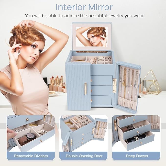 Dajasan Large Jewelry Box Organizer, Jewelry Storage Organizer with 3 Drawers, Huge Jewelry Box with Mirror for Women Girls, Double Door, Textured PU Leather, Gift Idea, Stylish (Blue + Gold) - Image 5