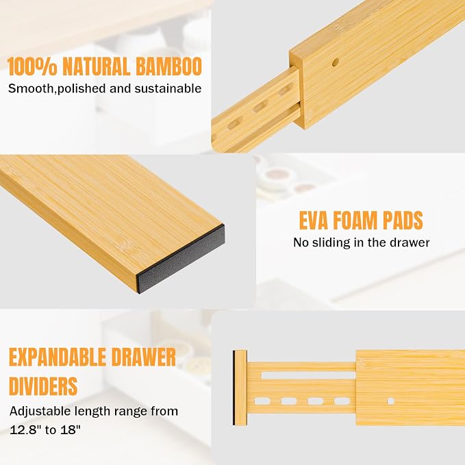 Bamboo Drawer Dividers 4" High, 12.8-18" Adjustable Drawer Organizers for Clothes,Expandable Dresser Separators in Bedroom/Kitchen/Bathroom/Office Organization and Storage,4 Pack - Image 8