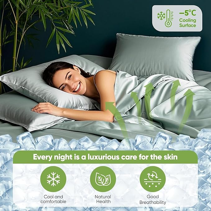 TWK Luxury Sheet Set, Genuine 100% Organic Viscose Derived from Bamboo, Cooling & Breathable, Silky Soft, Bedding Sheets & Pillowcases (Sea Glass, King)