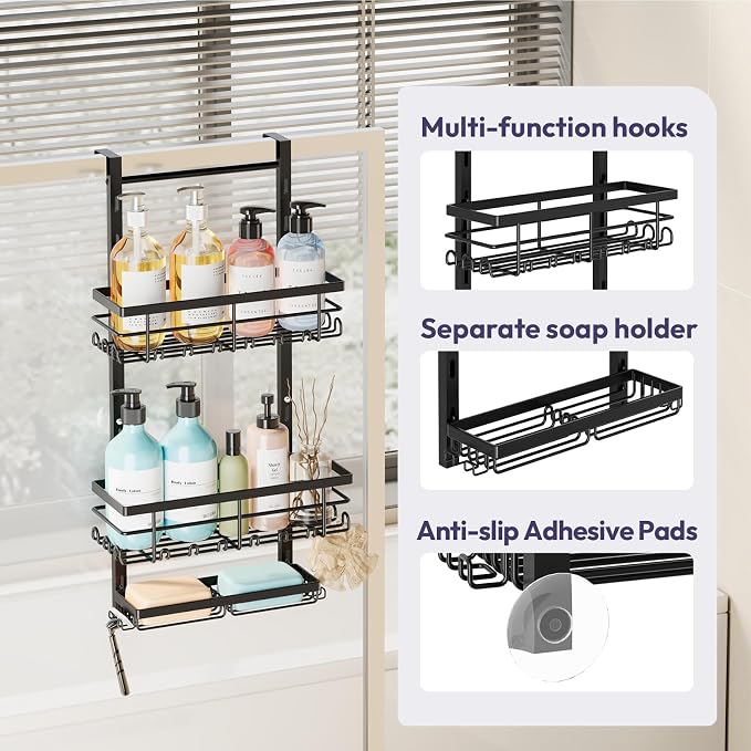 SWTYMIKI Over The Door Shower Caddy - 3 Tier Rustproof Hanging Shower Organizer with Adjustable Shelves, 28 Hooks & Soap Holder, Hanging Shower Rack Storage for Bathroom Accessories, Black - Image 3