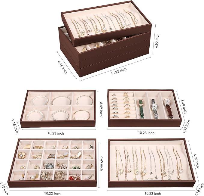 LANDICI Stackable Jewelry Organizer Trays 4 Set,PU Leather Jewelry Organizer Drawer,Jewelry Storage Display Tray for Earring Necklace Rings Bracelet with Removable Dividers,Coffee - Image 5