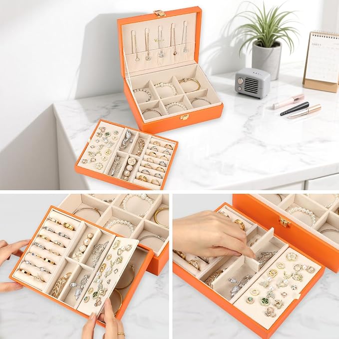Voova Jewelry Box Organizer for Women Girls, 2 Layer Large Men Jewelry Storage Case, PU Leather Display Jewellery Holder with Removable Tray for Necklace Earrings Rings Bracelets, Vintage Gift,Orange - Image 3