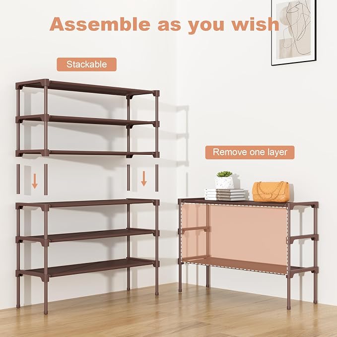 34" Widening Design Shoe Rack for Closet 16 Pairs Small Spaces Non-Woven 3 Tier Shoe Organizer Stackable Metal Shoe Shelf for Entryway, Bedroom Brown - Image 5