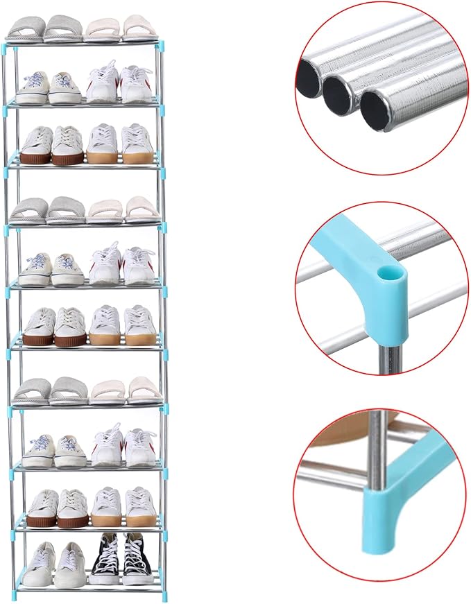 Jucaifu Stackable Small Shoe Rack, Entryway, Hallway and Closet Space Saving Storage and Organization (10-Tier, Blue) - Image 5