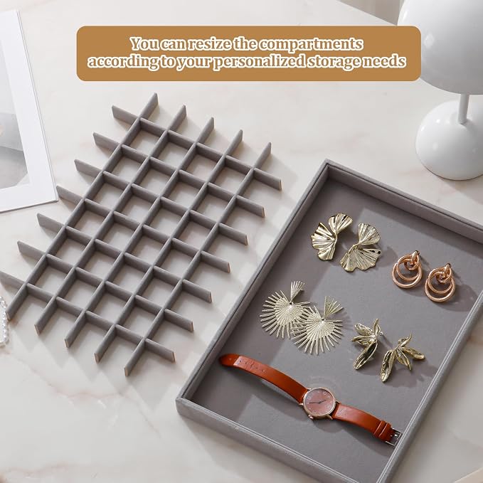 Large Velvet Jewelry Tray 2 Pack Stackable Jewelry Display Drawer Inserts Trays Organizer for Earring Bracelet Necklace Ring (Gray, 48 Grids) - Image 4