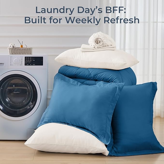 HEVUMYI Teal Blue & Ivory Full Comforter Set - 7-Piece All Season Bed in a Bag Full, Ultra Soft Bedding Set with Comforter, Flat Sheet, Fitted Sheet, Pillowcases, Pillow Shams, Teal Blue & Ivory