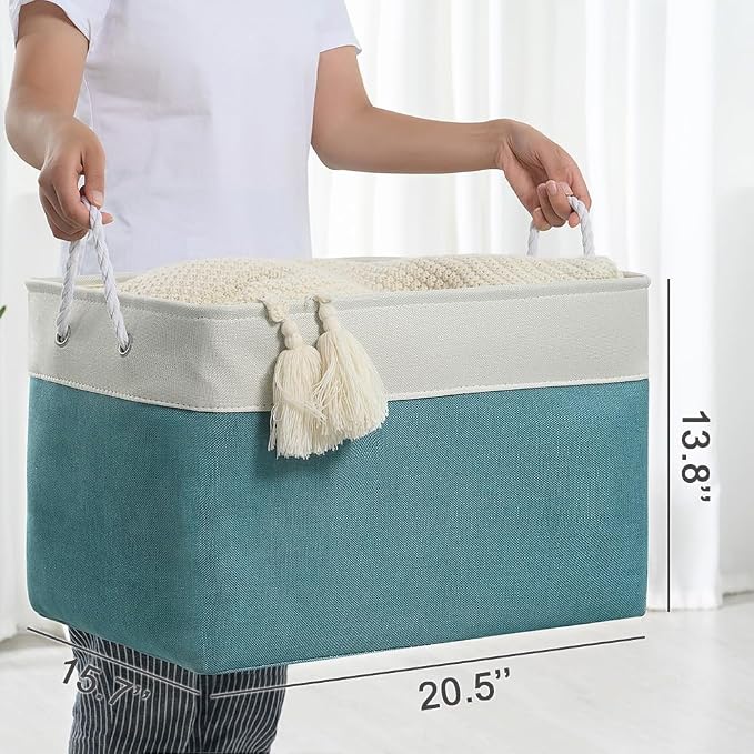TheWarmHome Storage Bin for Shelves - Extra Jumbo 3 Pack 20.5L×15.7W×13.8H Storage Basket for Organizing, Fabrin Storage cubes with Drawstring Cover for Living Room Bedroom Decor Closet（White & Green - Image 5