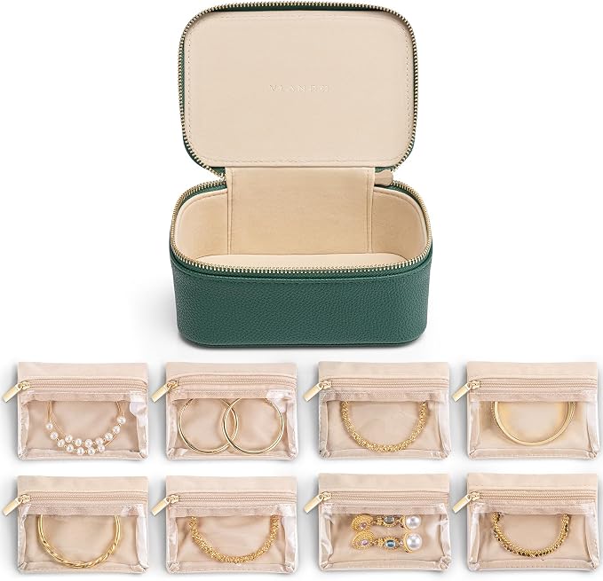 VLANDO Jewelry Travel Case,Travel Jewelry Organizer with Clear Velvet Jewelry Bags 8Pcs Zipper Pouch for Women Girl Gift-Green by VLANDO