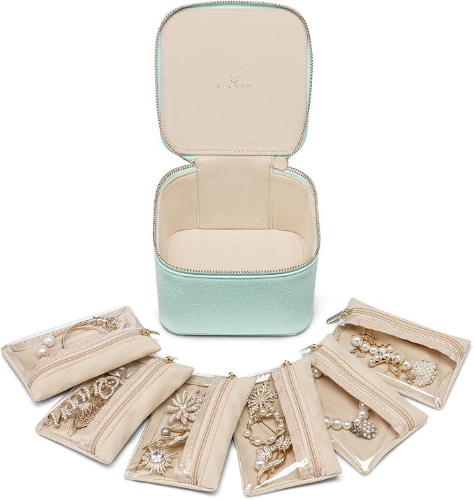 VLANDO Travel Jewelry Box,Jewelry Travel Case with 6 Velvet Jewelry Zipper Pockets Travel Jewelry Organizer for Ring Bracelet Christmas Wedding Birthday Gifts for Wife Daughter Lake Blue by VLANDO