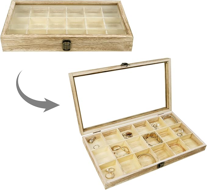 Mooca Wooden Display Storage Case with Tempered Glass Lid for Jewelry and Beads with 18 Compartments Tray, Oak Color, 15" W x 8 3/4" D x 2" H - Image 3