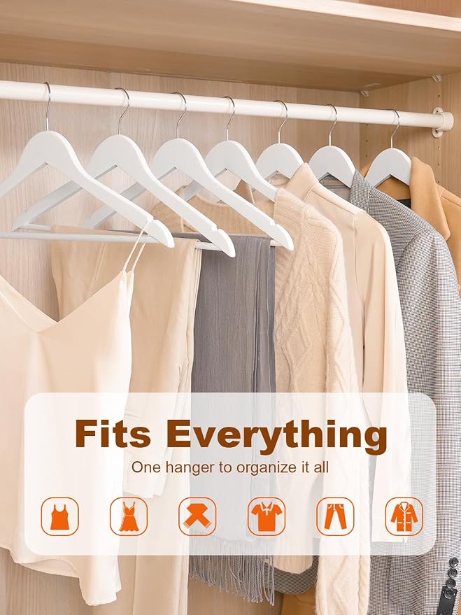 HOUSE DAY White Wooden Hangers 10 Pack, Solid Wood Hanger with Non Slip Pant Bar, Heavy Duty Wooden Coat Hanger for Closet, Smooth Finish Wood Clothes Hangers for Shirts, Suits Jackets, Dress - Image 5