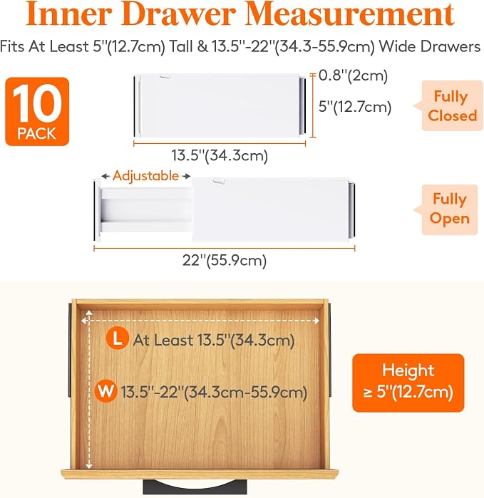 Lifewit 10 Pack 5" High Drawer Dividers 34-56cm/13.5-22" Adjustable Drawer Organizer for Clothes/Utensils, Expandable Drawer Separator in Dresser/Kitchen/Bedroom/Office Organization & Storage White - Image 2