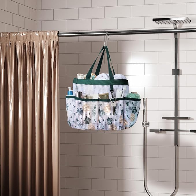 F-color Shower Caddy Portable - Mesh Shower Bag Basket Tote for College Dorm Room Essentials Bathroom Gym Camp Quick Dry for Women Men with S Hook, Green Pineapple - Image 6