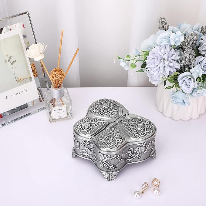 Hipiwe Antique Metal Jewelry Box Butterfly Shape Jewelry Organizer Vintage Trinket Storage Box Treasure Chest Ring Holder Earrings Necklace Storage Box Decorative Metal Box for Women, Large - Image 2