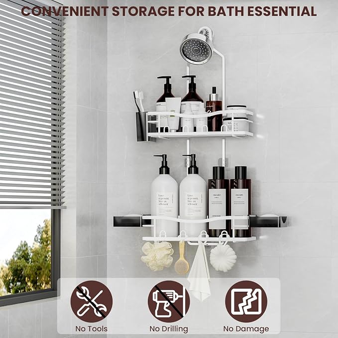 REINHARDT Shower Caddy Hanging, Rustproof Shower Caddy Anti-Swing Shower Organizer No Drilling Showers Racks with Soap Holder Multi Hooks Bathroom Storage for Shampoo Sponge, White - Image 2