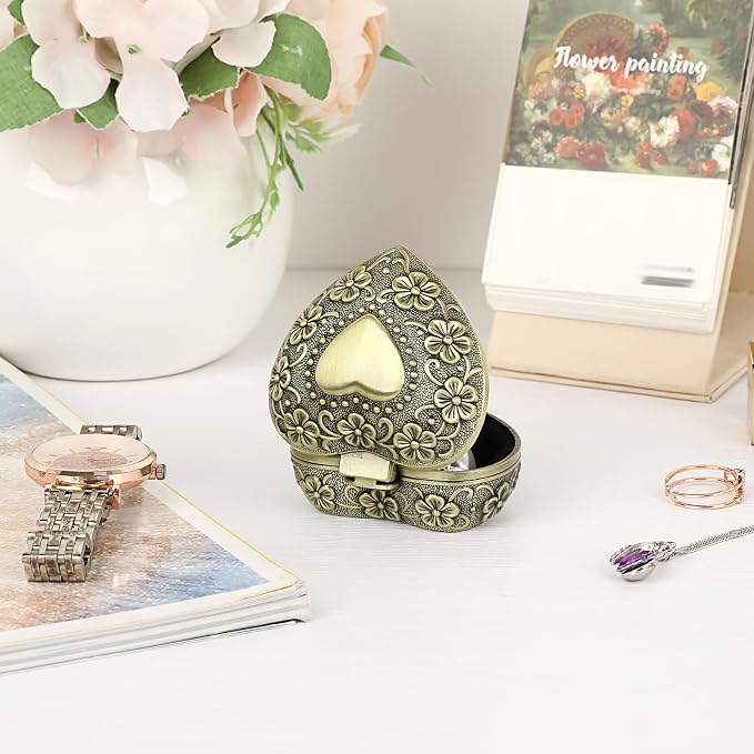 Hipiwe Vintage Heart Shape Jewelry Box - Small Antique Ring/Earrings/Necklace Storage Organizer Case, Metal Treasure Chest Trinket Keepsake Gift Box for Women,Bronze - Image 5