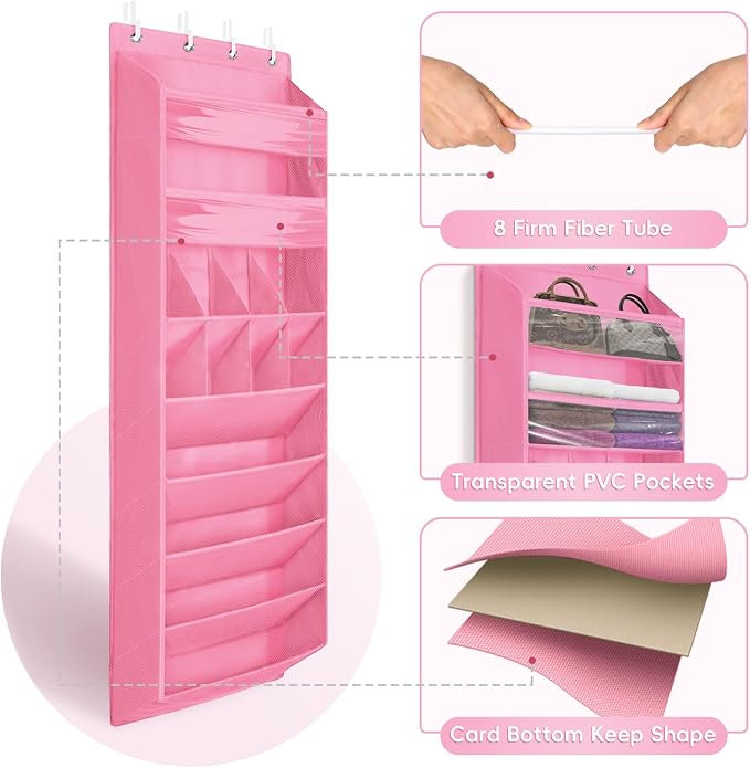 FENTEC 1 Pack 8 Shelves Over The Door Shoe Organizer,68" Exlarge Deep Pockets Hanging Shoe Organizers, Shoe Rack for Closet, Shoe Holder for Boots,Over Door Organizer in Home, RV, Dorm, Pink - Image 3