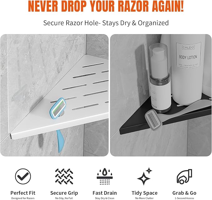 Corner Shower Shelf with Razor Hole, Rustproof Stainless Steel Shower Organizer, No Drilling Tile Shower Shelves, Modern Bathroom Shelf for Tile Wall, Grout in Shelf for Bathroom 2-Pack, 10" - Image 3