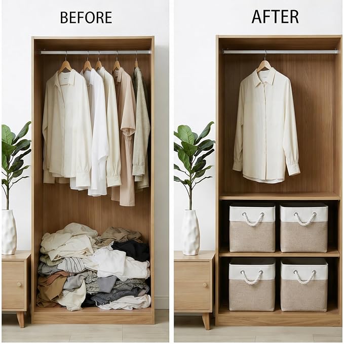 Cube Storage Bins, Collapsible Fabric Storage Cubes Bins, 11 Inch Cube Storage Bins with Handles, Foldable Storage Cubes (White/Beige, 6Pack) - Image 4