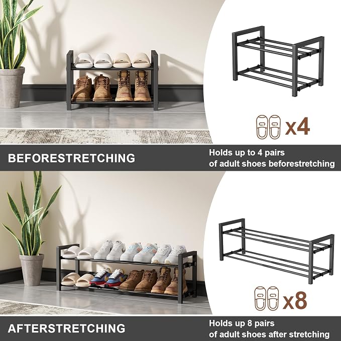 2-Tier Expandable Shoe Rack,Adjustable Shoe Shelf Storage Organizer Heavy Duty Metal Free Standing Shoe Rack for Entryway Closet Doorway (Black) - Image 6