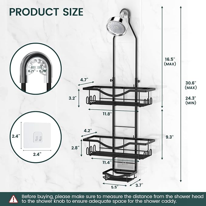 Shower Caddy Hanging Adjustable Shower Caddy, Rustproof Shower Organizer Extended Length Shower Caddies Over Shower Head with Hooks Soap Holder, Large Capacity Anti-Swing Bathroom Storage, Black - Image 7