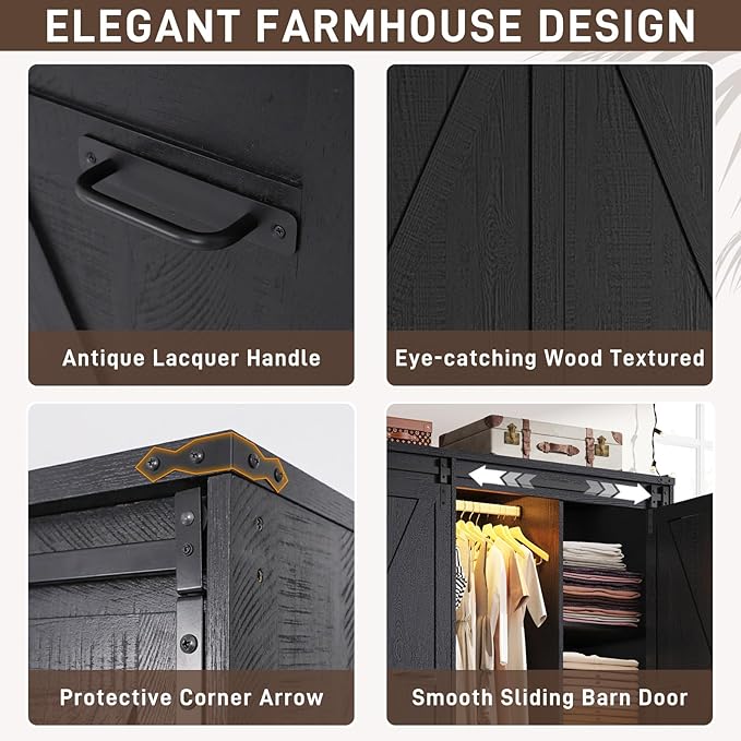 Farmhouse 4 Doors Armoire Wardrobe Closet w/Folding Sliding Barn Door and Lights, LED Armoire Closet w/Drawers for Bedroom, Freestanding Wooden Wardrobe Storage Closets w/Hanging Rod,Rustic Black