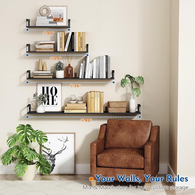 Harwaya Wall Mounted Bookshelf, Floating Bookshelves for Bedroom, 17 Inches Long Wall Mount Book Shelves for Living Room Office Books, Black Wall Book Holder Bookcase (Set of 3) - Image 5
