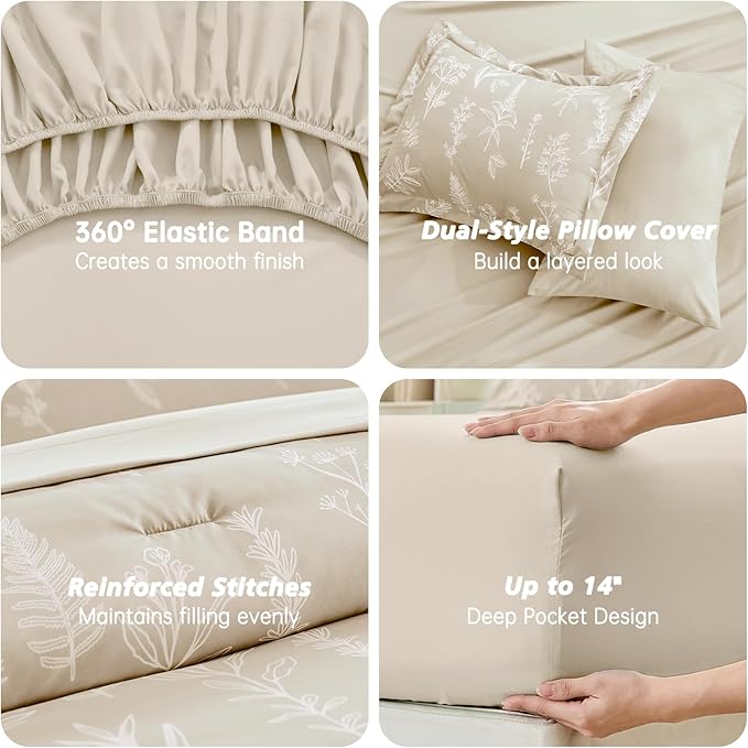 MUXHOMO Beige Full Comforter Set, Elegant Floral Print Bed in a Bag 7 Pieces, Ultra Soft & Breathable Reversible Botanical Pattern Bedding Set with Comforter, Sheets, Pillowcases, and Shams