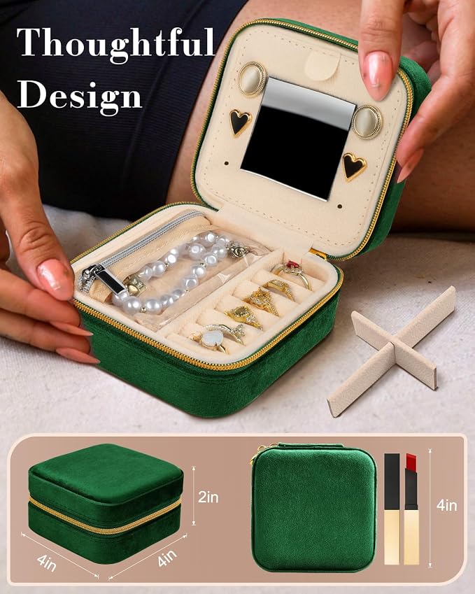 Bistup Travel Jewelry Case - Small Jewelry Organizers and Storage Box for Women Girls Teens Cute Traveling Jewelry Holder with Mirror Little Tiny Compact Modern Unique Aesthetic Pretty, Geen - Image 2