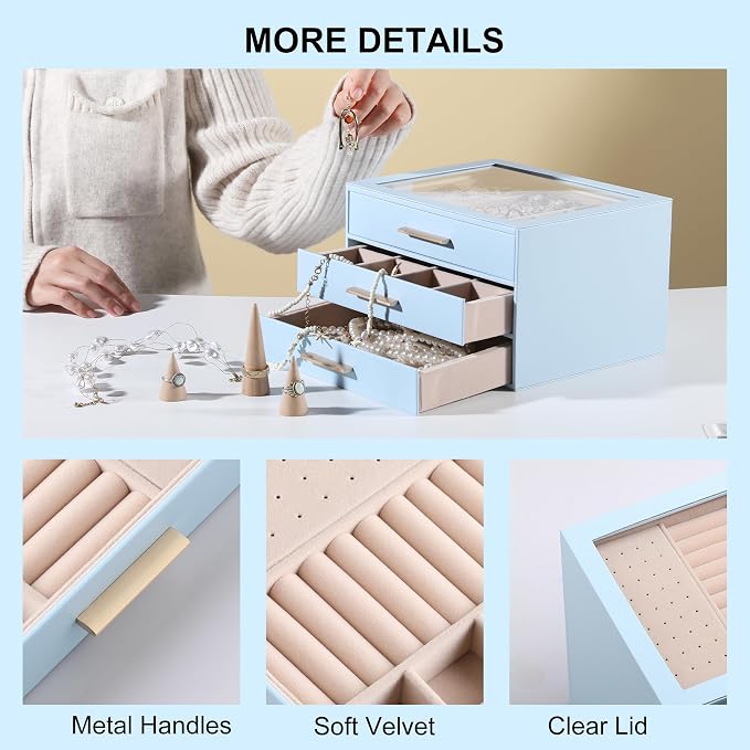 Frebeauty Clear Lid Jewelry Box,3-Layer Jewelry Organizer with Drawer,PU Leather Jewelry Organizers and Storage,Jewelry Boxes for Women,Jewelry Storage for Rings Earring Stud,Gift for Women(Sky Blue) - Image 5