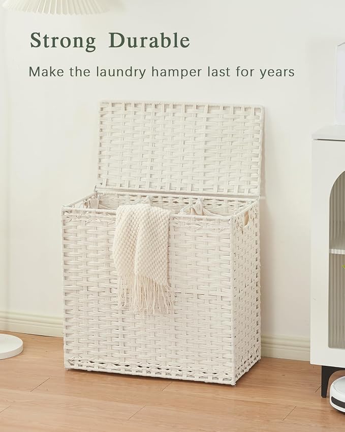 SETVSON Laundry Hamper with Lid Laundry Basket 132 L (35 Gal) Wicker Clothes Hamper, Handwoven Rattan Hamper with Handles and 4 Removable Liner Bags, 6 Mesh Bags for Laundry Bedroom White - Image 7