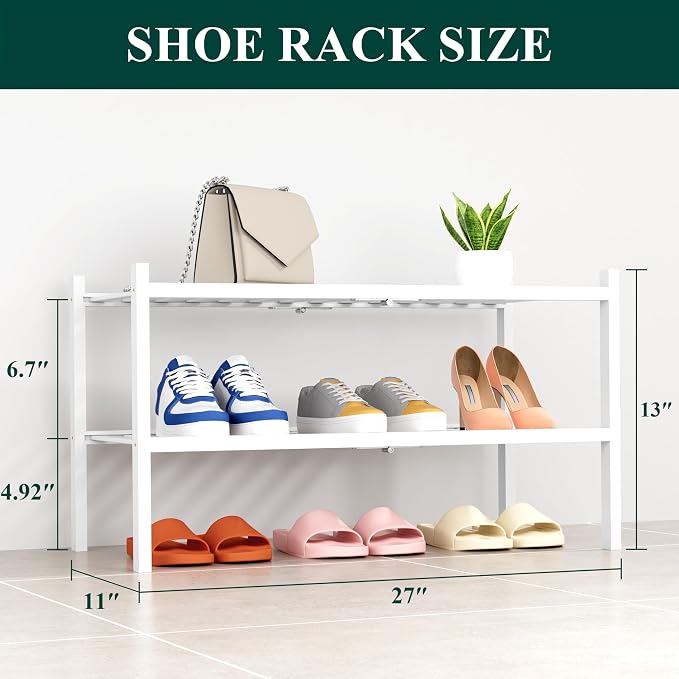 Smiry Shoe Rack, 2 Tier Thick Bamboo Shoe Organizer, Stackable Free Standing Wooden Shoe Storage Shelf for Closet, Entryway, Front Door Entrance, White - Image 2