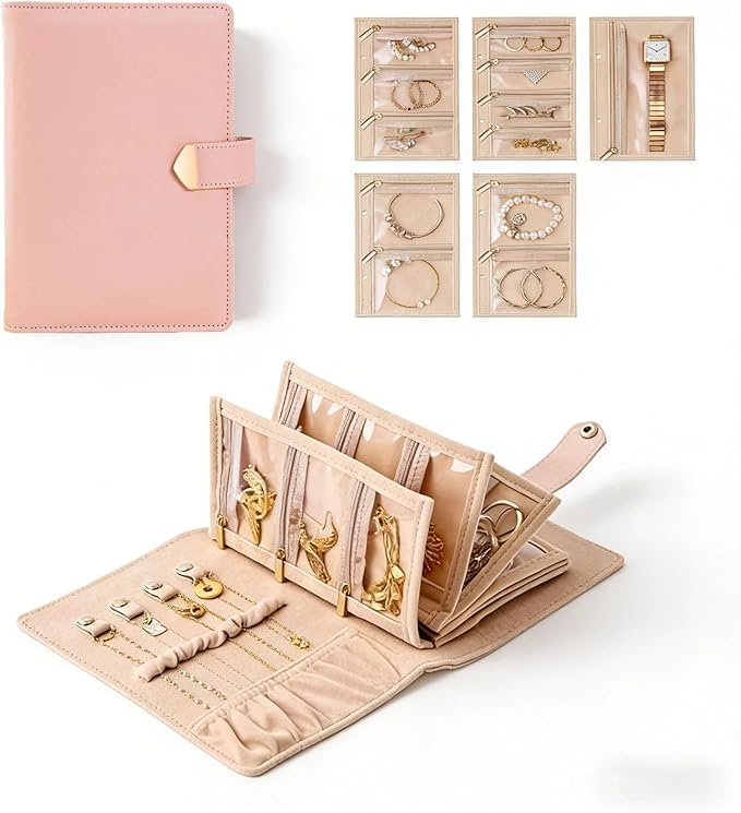 Travel Jewelry Binder Earring Organizer, Portable PU Jewelry Book Organizer with 4 Necklace Clips & 5 Zipper Velvet Pouch For Rings,Necklace,Earrings - Perfect Jewelry Storage Book For Women Girls by WEIKIMFF