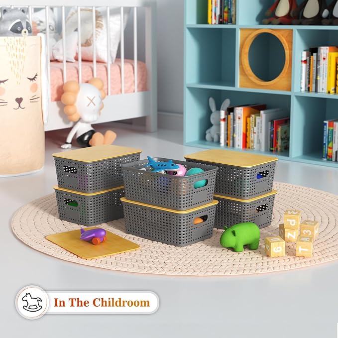 Plastic Storage Baskets With Bamboo Lid - Plastic Storage Containers Stackable Storage bins: Storage Baskets for Organizing Shelves Drawers Desktop Closet Playroom Classroom Office, 6 Pack, Gray - Image 5