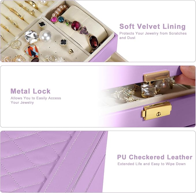 2-Layer Jewelry Box for Women Girls, Jewelry Organizers and Storage with Removable Jewelry Tray, Vintage Quilted Top Lockable Jewelry Holder Gift Idea Light Purple - Image 4