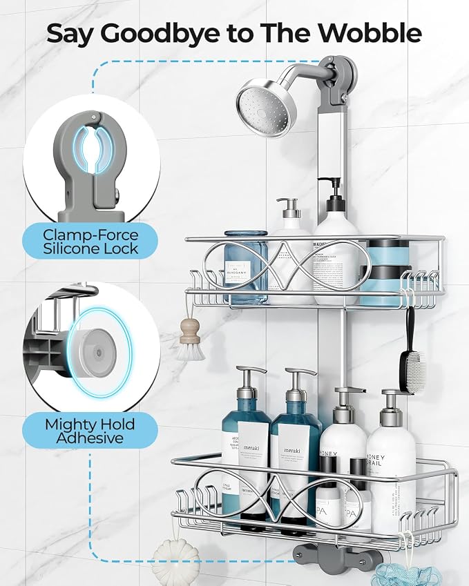 ODesign 2 Tier Stainless Steel Anodized Aluminum,Height-Adjustable Rustproof Shower Caddy Hanging Anti-Swing-Over The Shower Head Caddy-Bathroom Showe r Storage Organizer With Soap Box Holder- Sliver - Image 4
