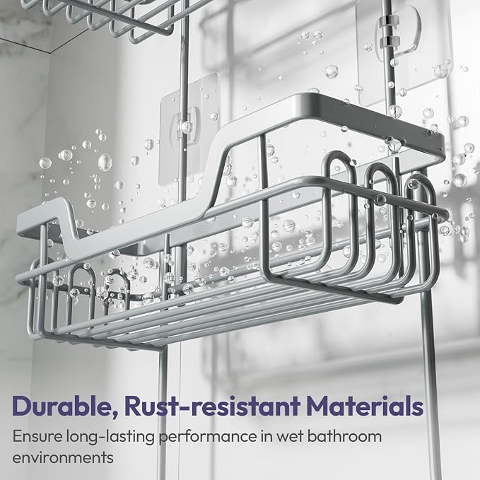 SWTYMIKI Bathroom Shower Caddy Hanging - 3 Tier Rustproof Over Shower Head Organizer, No Drilling Bathroom Shelf with 16 Hooks & Soap Holder, Anti-Swing Rack for Shampoo,Sponge,Towel, Silver, Large - Image 6