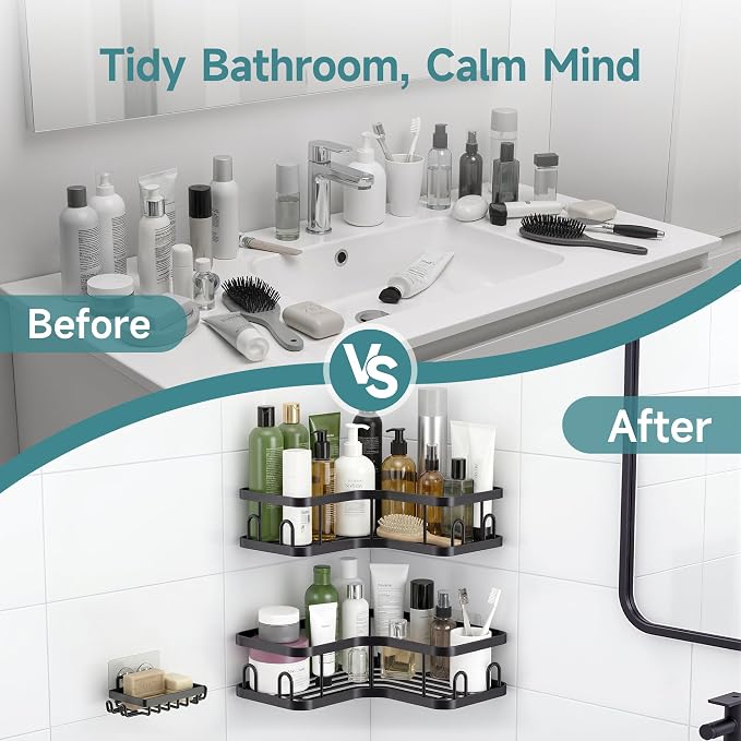 Veken Corner Adhesive Shower Caddy 4-Pack with Soap Holder&Hooks,No Drilling Shower Shelves,Rustproof & Waterproof Bathroom Organizers and Storage,Rack for Small Spaces, Kitchen&Rental-Friendly,Black - Image 7