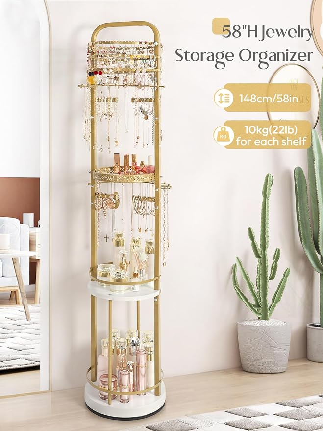 Jewelry Holder Organizer, Floor Jewelry Organizer with Earring Organizer Necklace Holder, Rotating Jewelry Stand Necklace Display Earring Storage, Large Hanging Jewelry Tree for Jewlery Bracelet Ring - Image 4