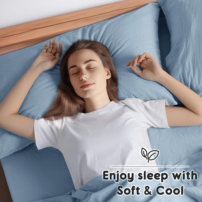 SONORO KATE 100% French Pure Linen Sheets, Breathable and Durable Linen Full Size Sheets, Anti-Tear Linen Bed Sheets, Machine Washable, 16 Inch Deep Pocket - 4 Piece (Dusty Blue, Full)