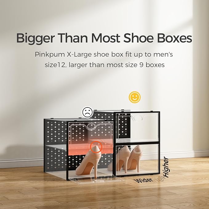 Pinkpum 15 Pack X-Large Shoe Storage Boxes Fit Size 11, Shoe Organizer for Closet Clear Plastic Stackable Shoe Dispaly Case Bins Holder, Sneaker Storage for Sneakerheads Black - Image 3