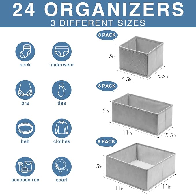 Criusia Drawer Organizer Clothes 24 Pack, Fabric Closet Organizers and Storage Bins for Underwear Sock, Odorless Dresser Drawer Dividers for Baby Nursery Organization (Grey) - Image 2