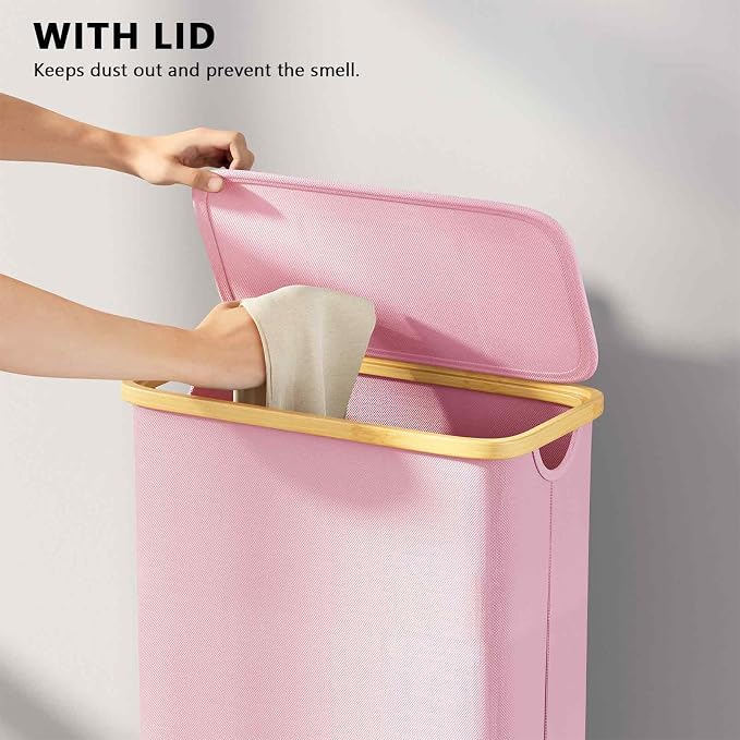 SpaceAid Slim Laundry Hamper with Lid, 65L Narrow Clothes Basket Bin with Bamboo Handles, Skinny Tall Collapsible Hamper for Bedroom, Bathroom, Dorm, Laundry Room - Pink - Image 5