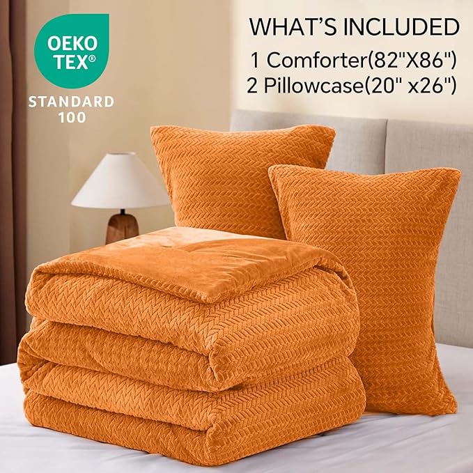 Flannel Fleece Full Comforter Set - Furry Burnt Orange Leaves Pattern Faux Fur Bed Set, Winter Ultra Soft Fuzzy Comfort Set, Velvet Bedding Set for Bed with 2 Pillow Cases