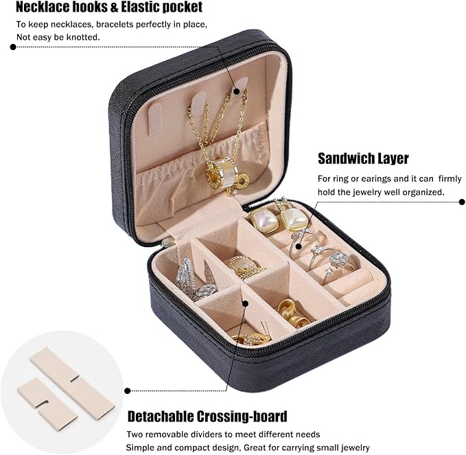 MODENGKONGJIAN Mini Jewelry Travel Case, PU Leather Travel Jewelry Organizer Box, Small Portable Portable Jewellery Storage Holder for Womens Rings Earrings Necklaces Bracelets (Black) - Image 2