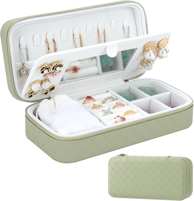 DesignSter Travel Jewelry Case, Woven Embossed PU Leather Jewelry Organizer with Mirror, Small Portable Jewelry Box for Women Rings Necklaces Bracelets Earrings by DesignSter